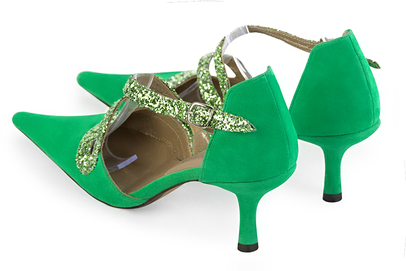 Emerald green women's open side shoes, with snake-shaped straps. Pointed toe. High slim heel. Rear view - Florence KOOIJMAN
